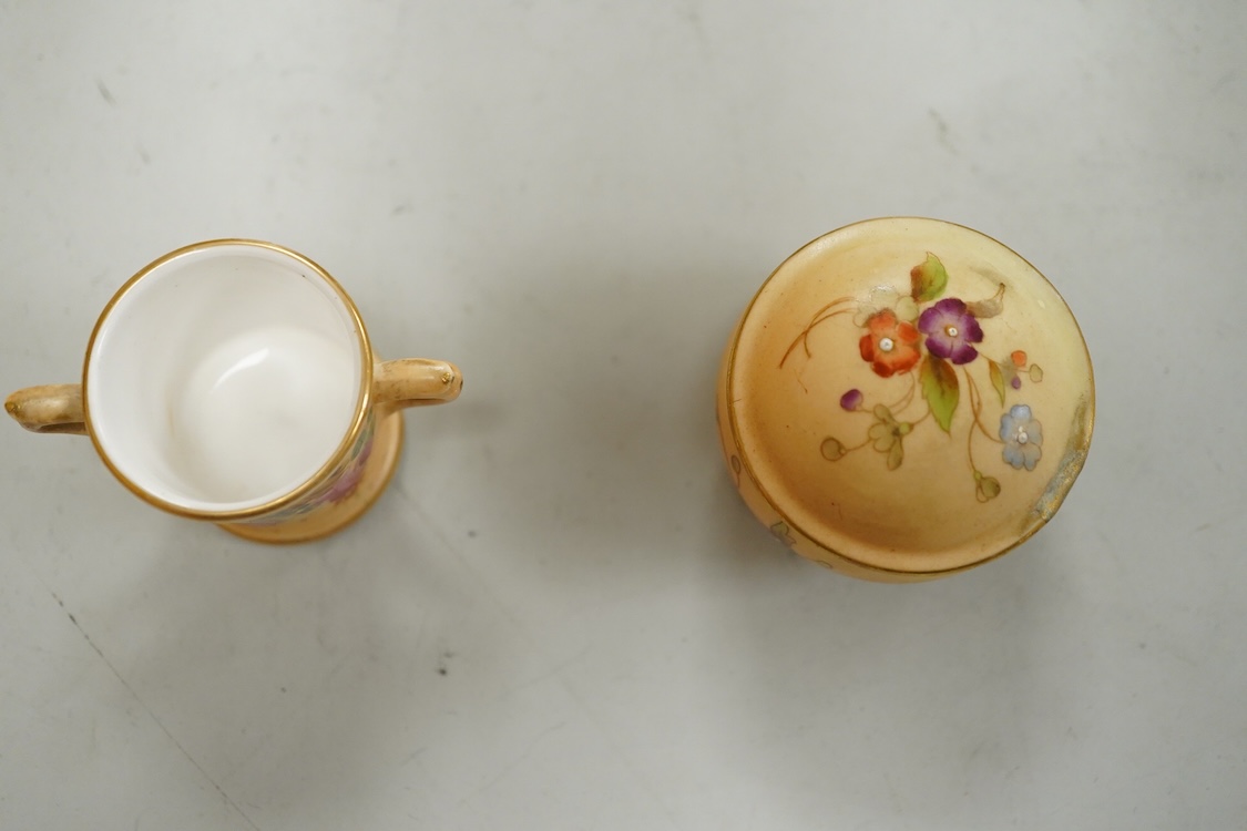 A group of Royal Worcester flower painted porcelain to include a pair vases signed M Hunt and a potpourri, largest 11cm high